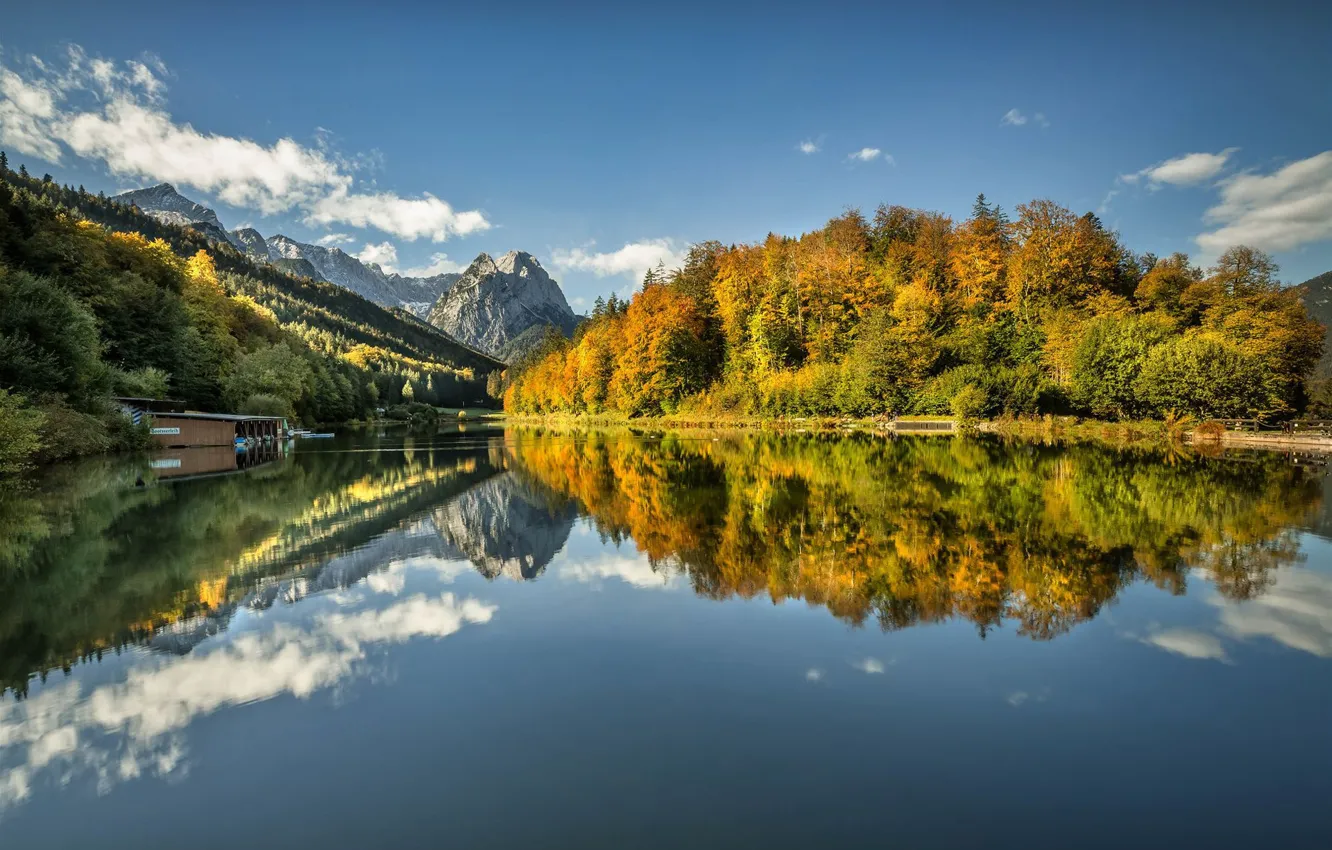 Фото обои осень, лес, горы, озеро, отражение, Германия, Бавария