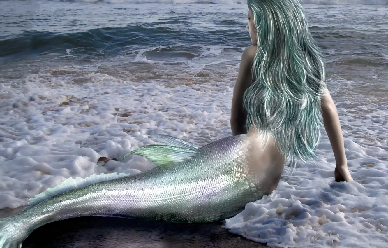 Фото обои море, волны, девушка, фантастика, волосы, спина, русалка, руки