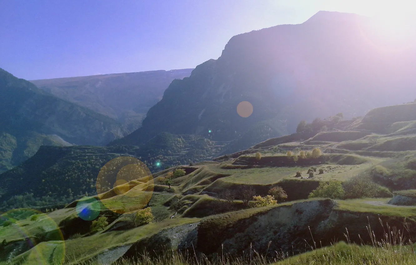 Фото обои осень, горы, луч, Дагестан