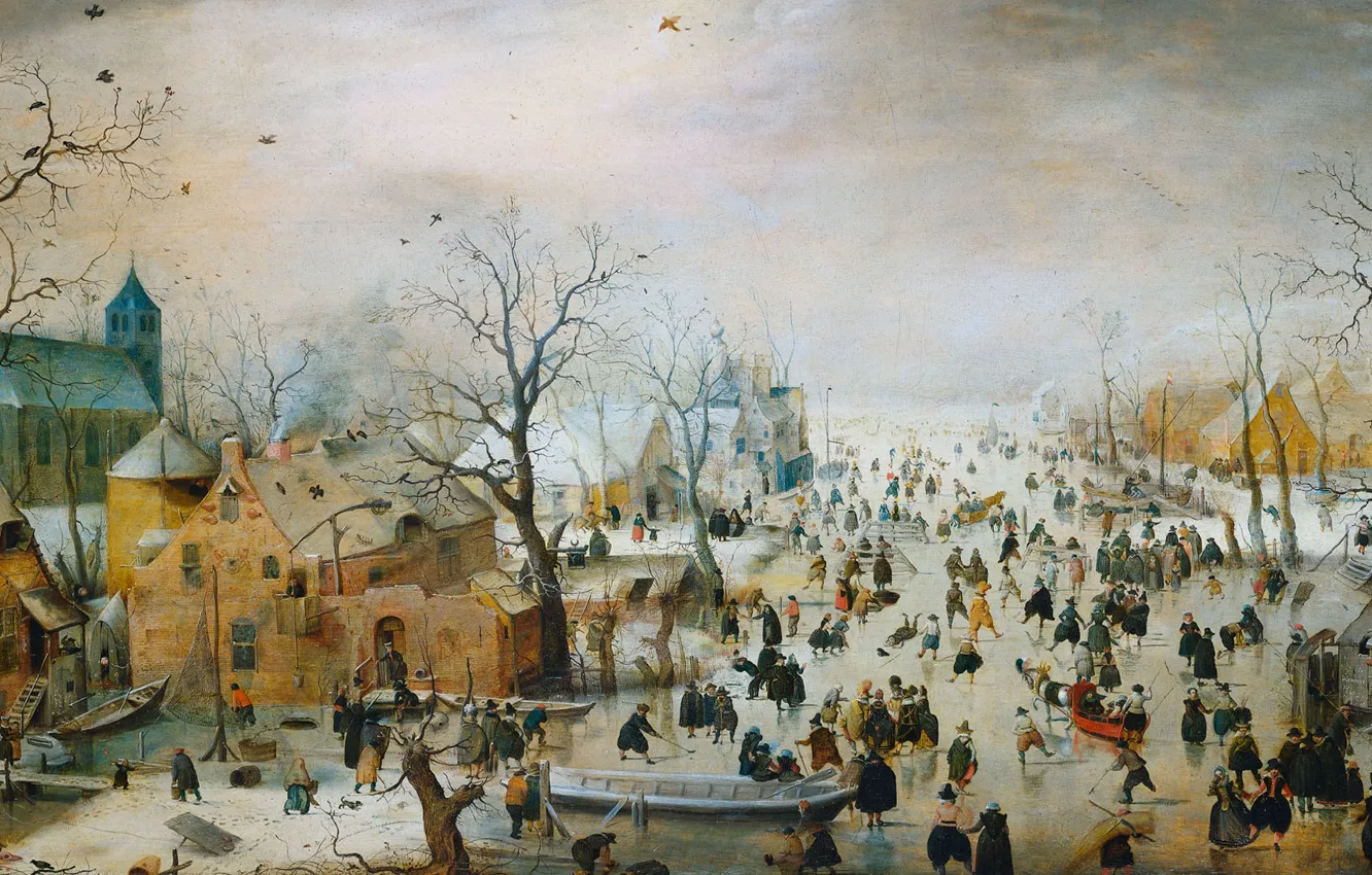 Фото обои масло, картина, 1609, Хендрик Аверкамп, Hendrick Avercamp, Зимний пейзаж с ледовыми развлечениями