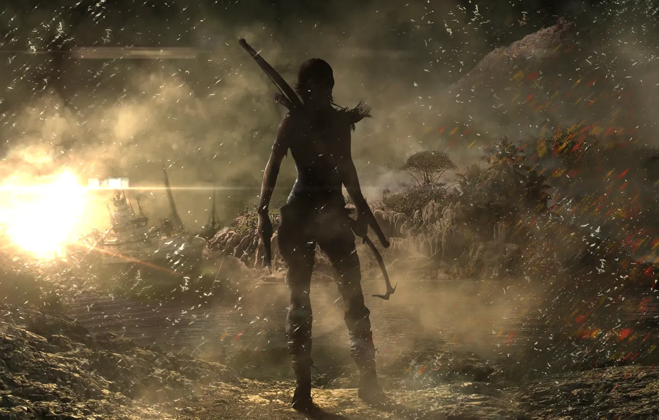Фото обои Девушка, Деревья, Пожар, Корабль, Лук, Tomb Raider, Lara Croft, Crystal Dynamics