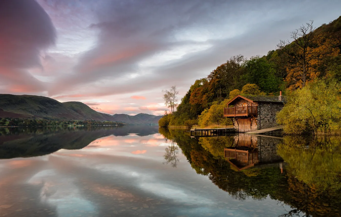 Фото обои осень, озеро, домик