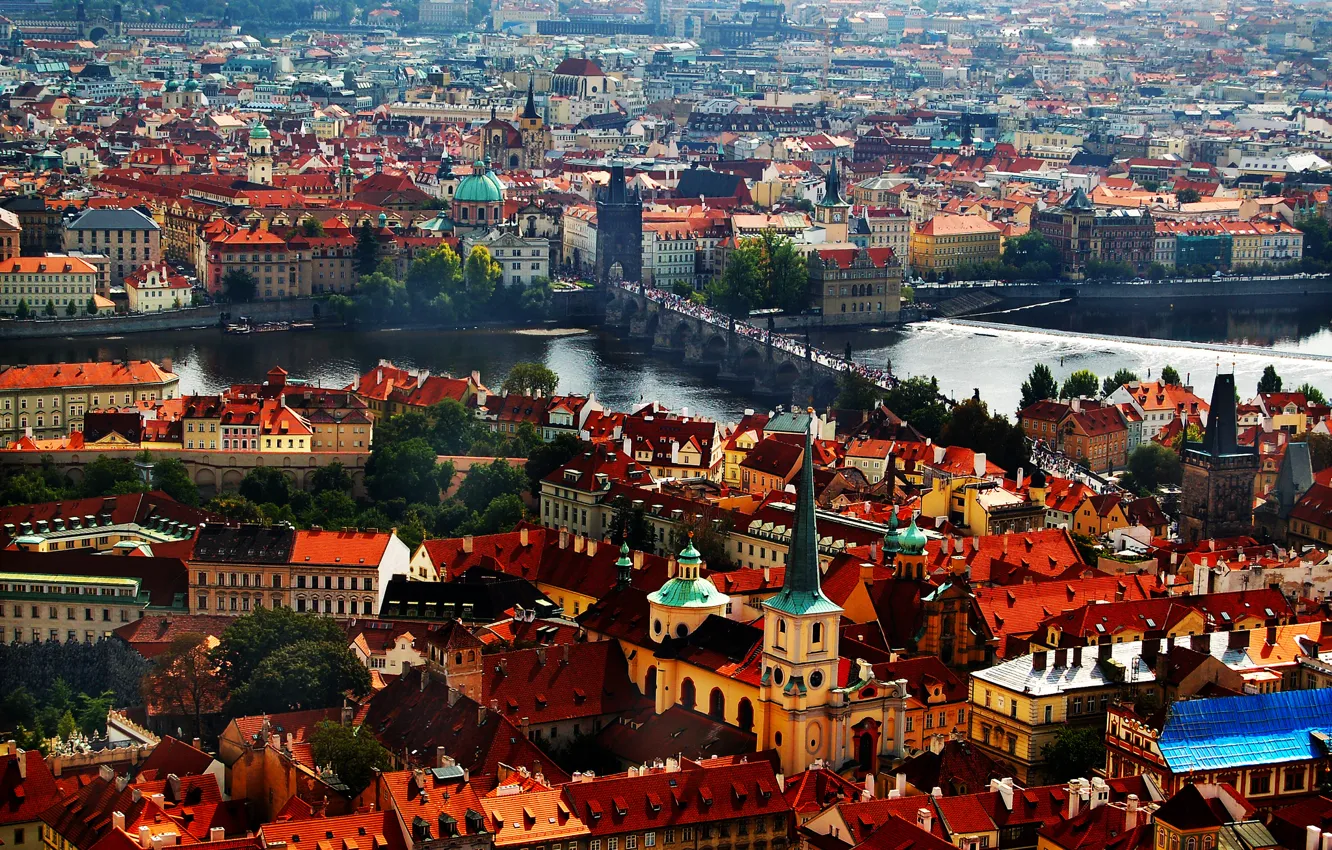 Фото обои река, башня, дома, Прага, Чехия, панорама, Карлов мост