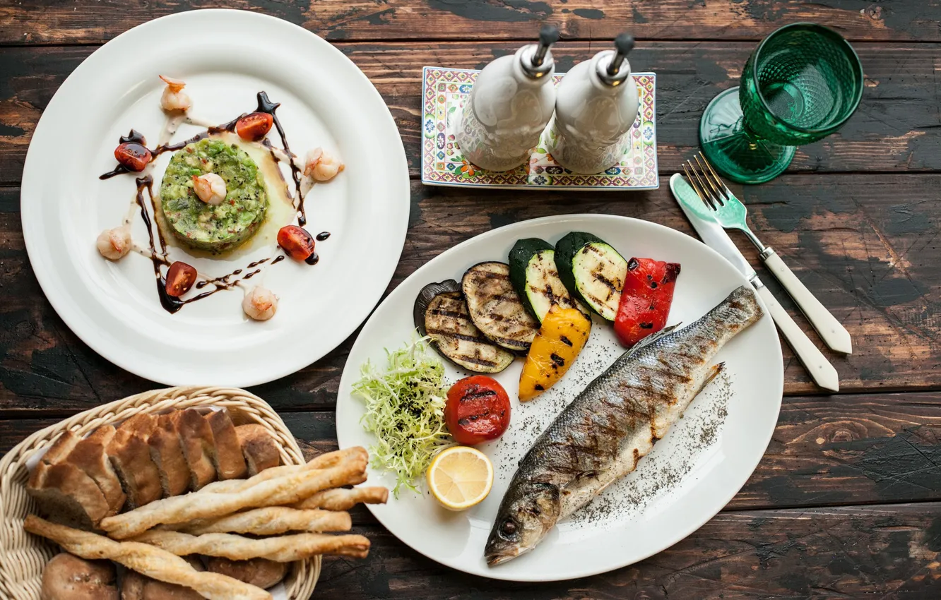 Фото обои еда, хлеб, овощи, ассорти, запеченная рыба