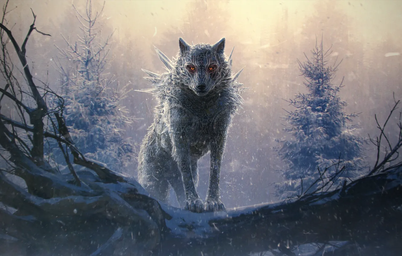 Фото обои холод, страх, волк, оборотень, горящие глаза, werewolf, матерый, мрачное место