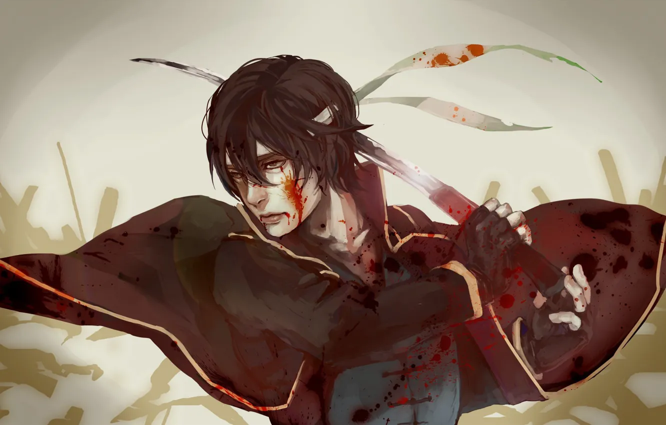 Фото обои кровь, меч, арт, парень, Gintama