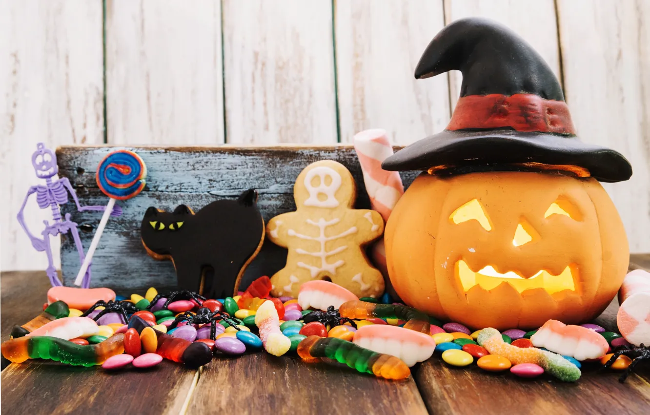 Фото обои буквы, праздник, паук, шляпа, тыква, хэллоуин, печеньки, мармелад