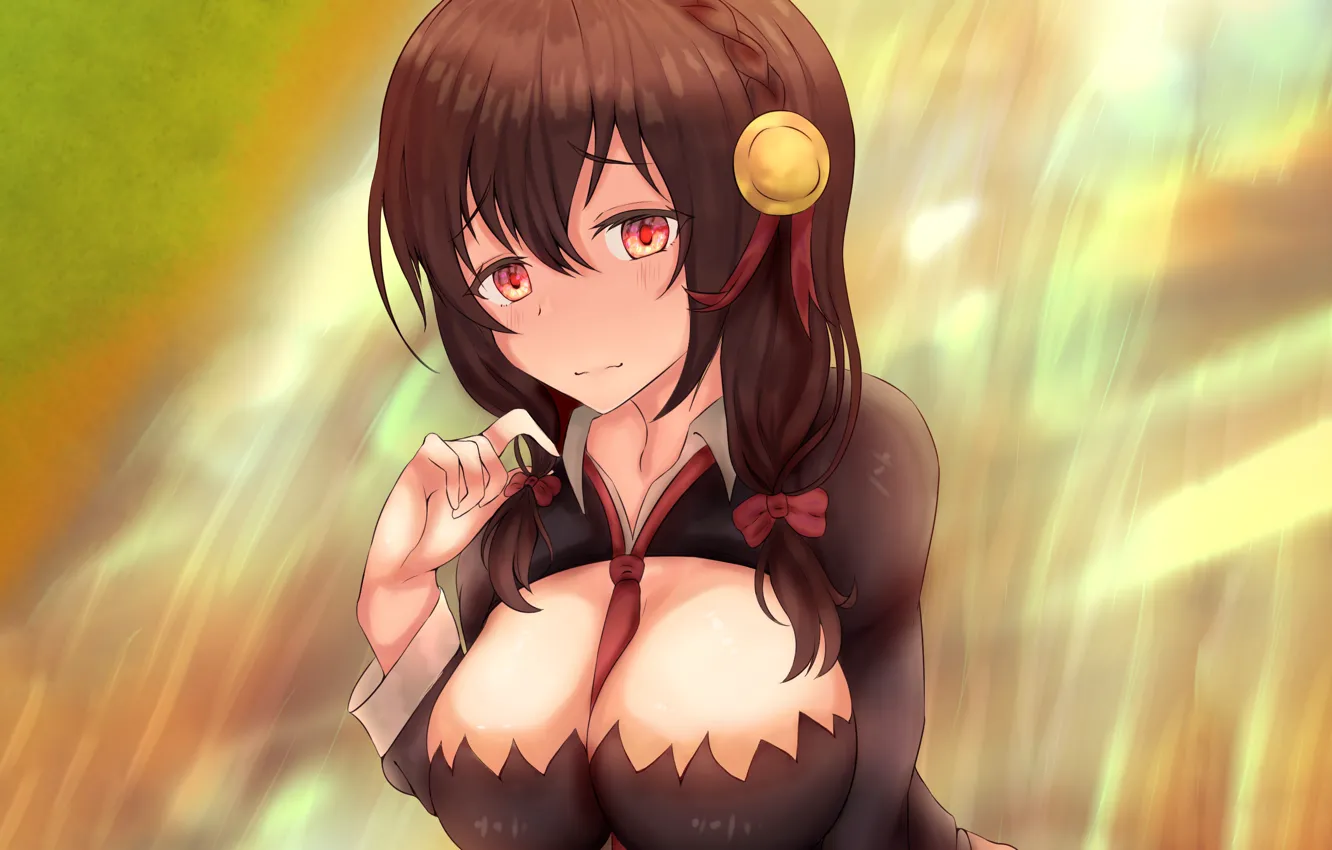 Фото обои girl, sexy, cleavage, blouse, long hair, brown hair, boobs, anime