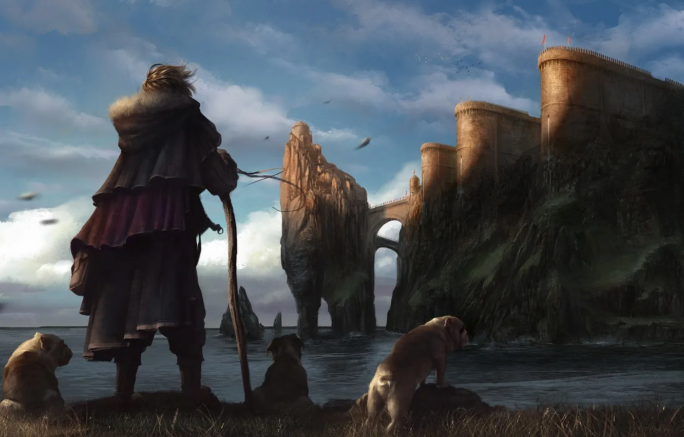 Фото обои море, собаки, мост, замок, скалы, ветер, человек, фигура