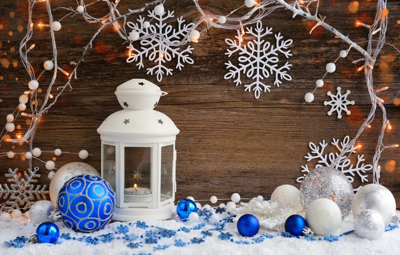 Фото обои шарики, украшения, снежинки, праздник, доски, Рождество, фонарь, Новый год
