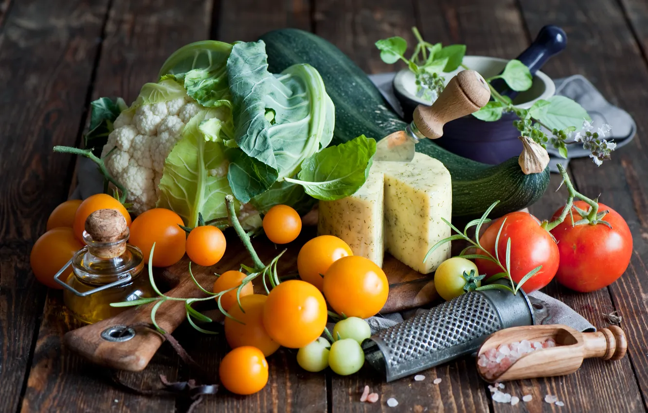 Фото обои масло, сыр, овощи, помидоры, капуста, брокколи, соль, Anna Verdina
