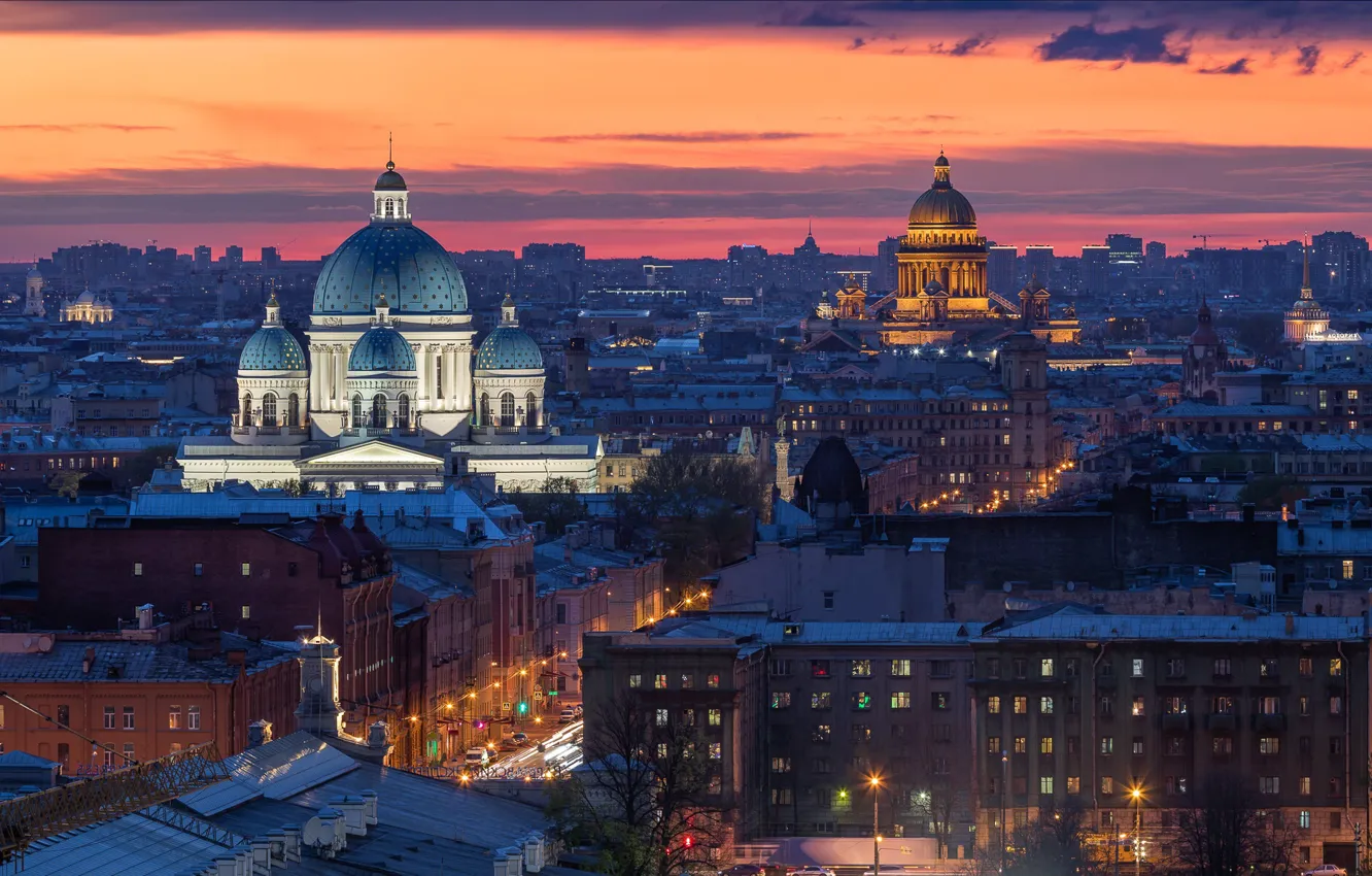 Фото обои город, здания, дома, вечер, Питер, освещение, Санкт-Петербург, Исаакиевский собор