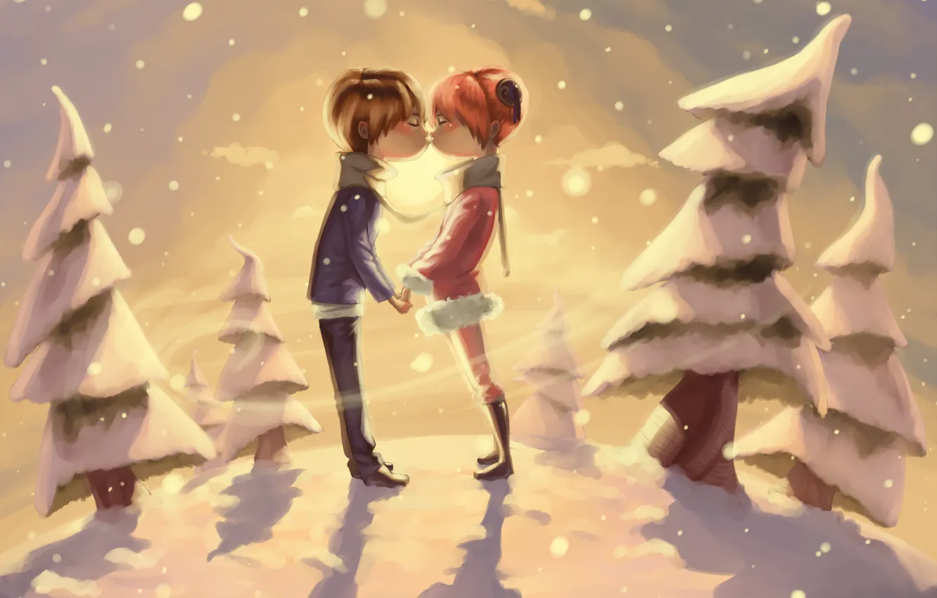 Фото обои зима, снег, деревья, романтика, поцелуй, пара