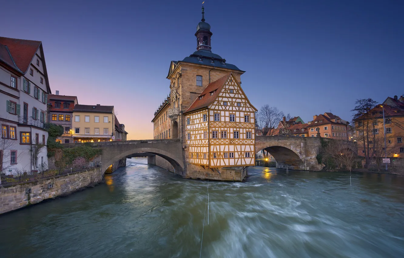 Фото обои мост, река, дома, Германия, ратуша, Бамберг