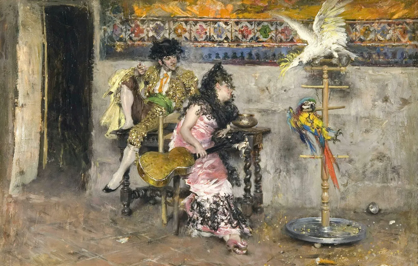 Фото обои картина, жанровая, Джованни Больдини, Пара в Испанских Костюмах с Двумя Попугаями