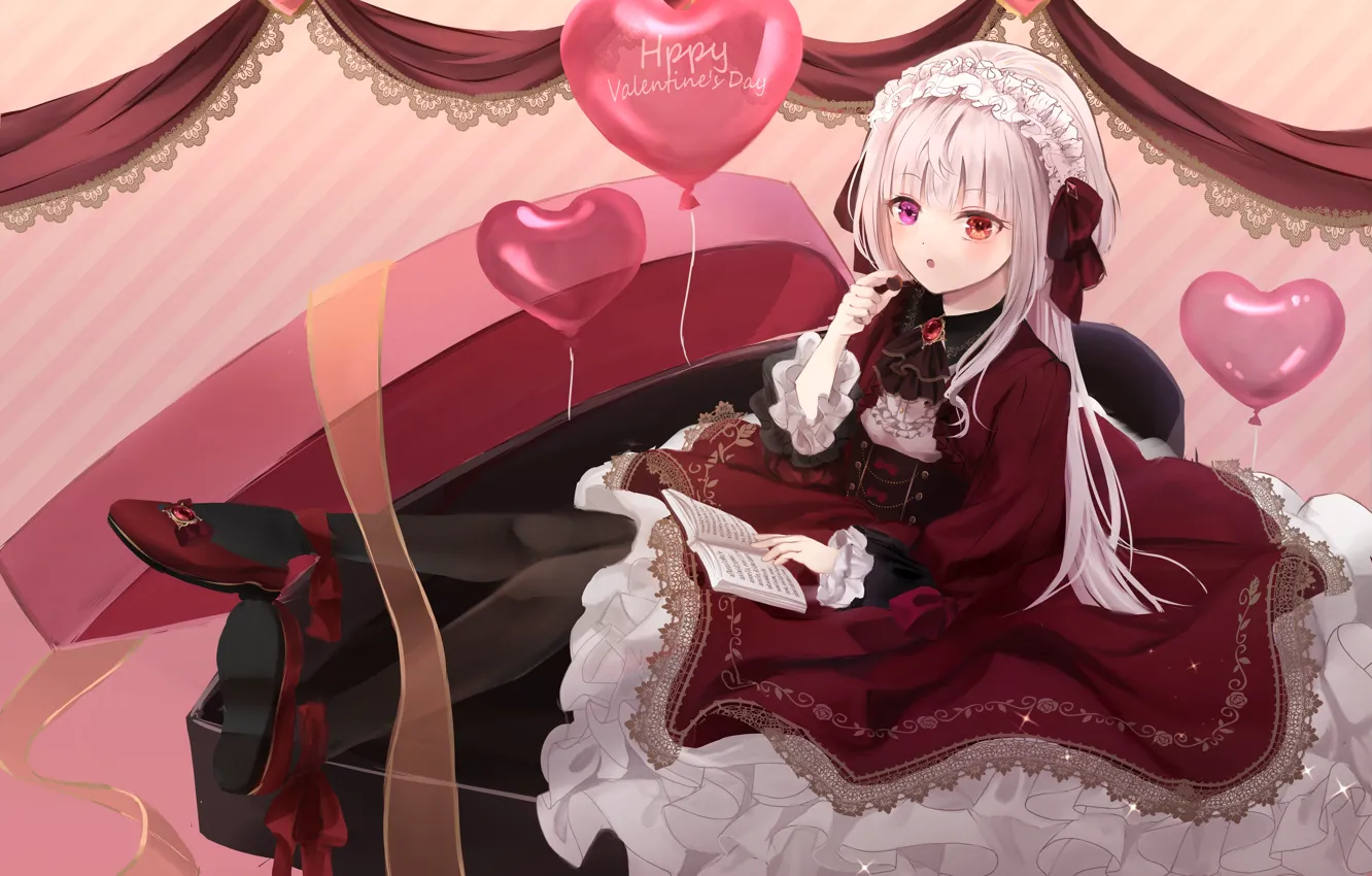 Фото обои девушка, коробка, шоколад, сердечки, воздушные шарики, Happy Valentines Day