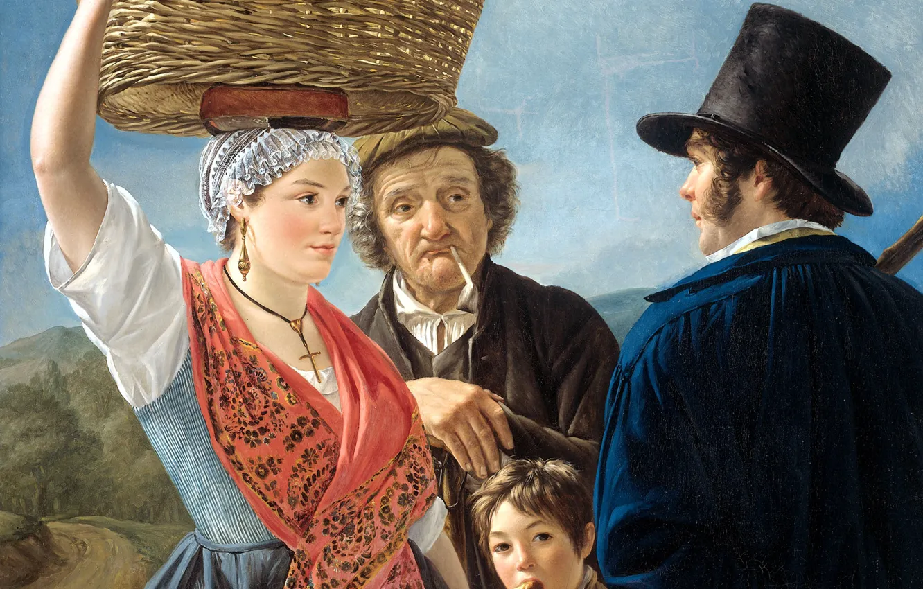 Фото обои корзина, человек, картина, жанровая, Jean Henri de Coene, Новости с Рынка