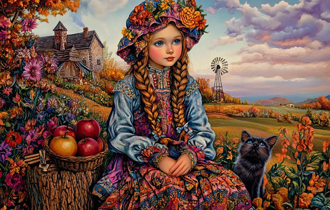 Фото обои поле, кошка, лето, кот, облака, цветы, дом, холмы