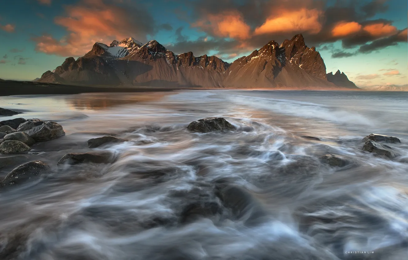 Фото обои море, волны, горы, выдержка, Исландия, Vestrahorn