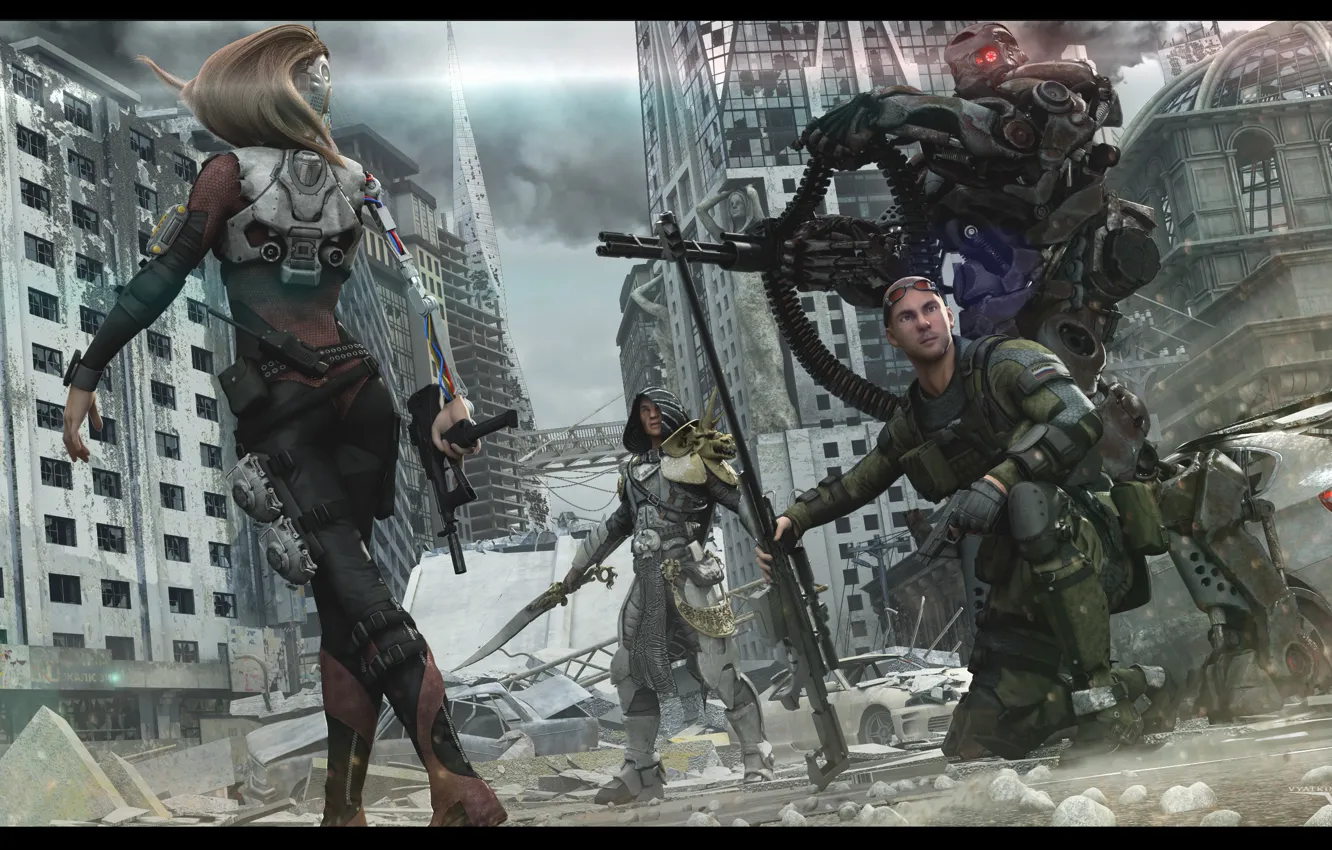 Фото обои девушка, город, оружие, робот, снайпер, Фантастика, отряд, разрушенный