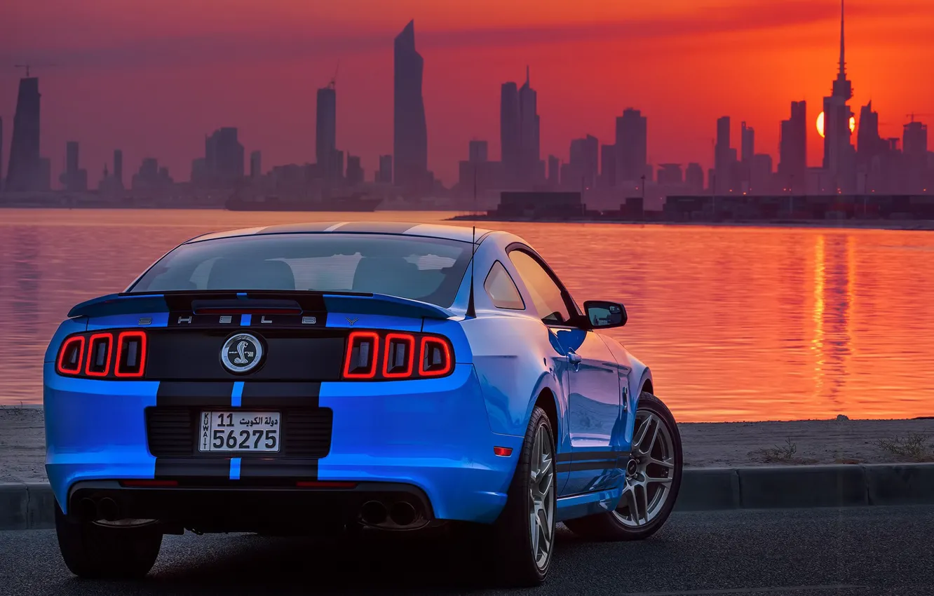 Фото обои вода, закат, city, город, mustang, ford, shelby, water