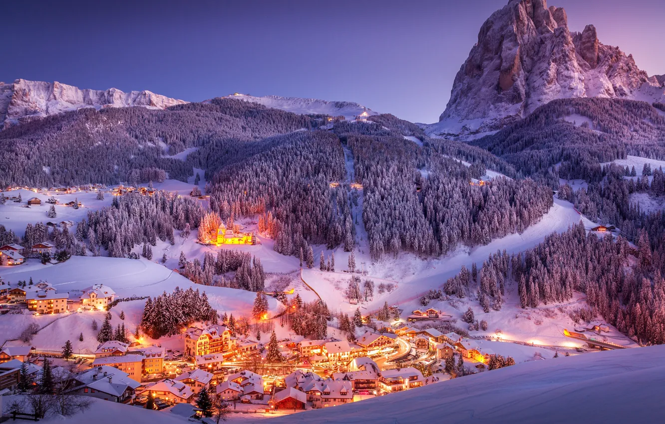 Фото обои зима, свет, снег, горы, ночь, вечер, Альпы, городок