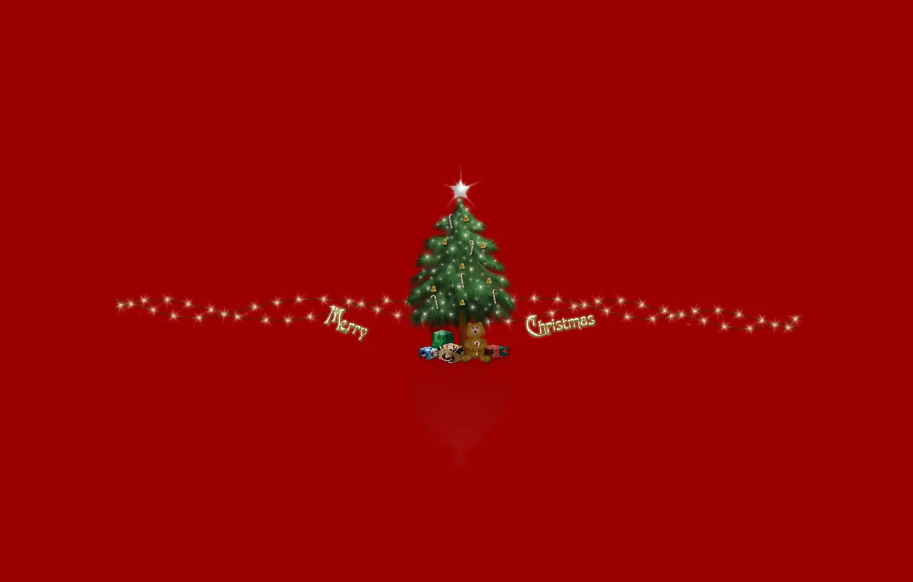 Фото обои праздник, игрушки, елка, новый год, подарки, new year, красный фон, merry christmas
