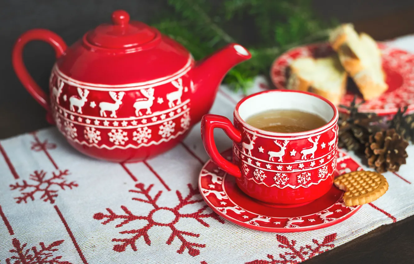 Фото обои снежинки, красный, стол, фон, настроение, праздник, чай, новый год