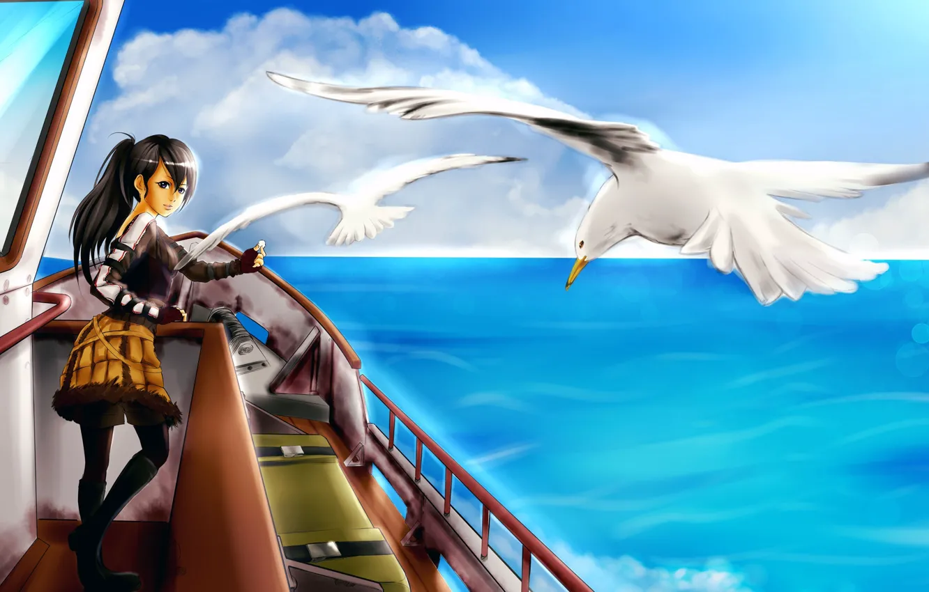 Фото обои море, девушка, птицы, корабль, чайки, арт, корм