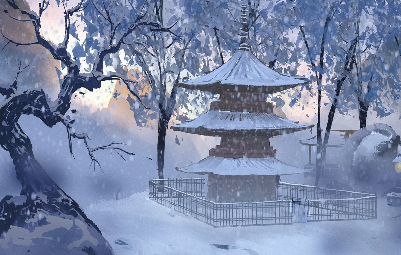 Фото обои снег, ограда, пагода, Japan, зимний лес, японский храм, by Surendra Rajawat