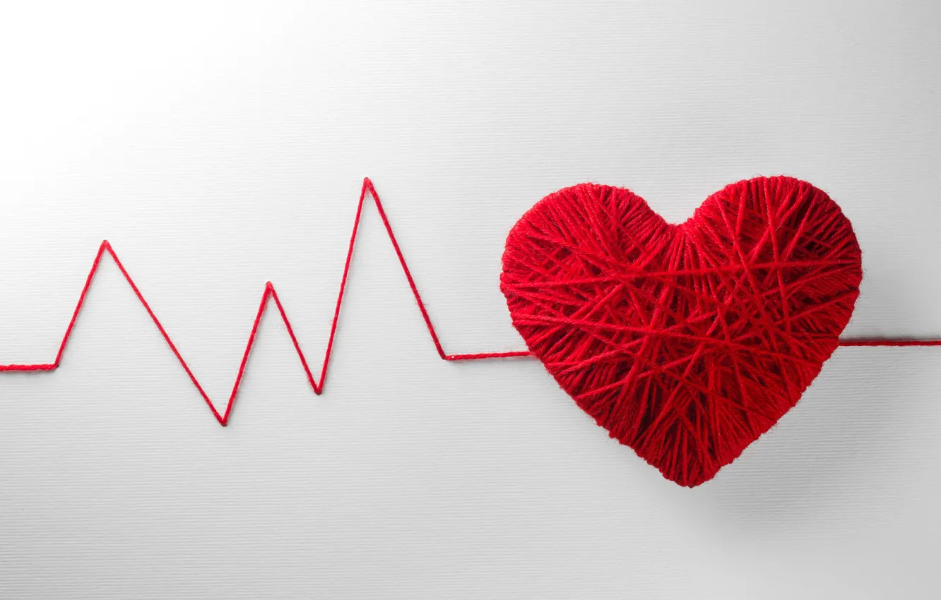 Фото обои клубок, креатив, фон, сердце, красные, нитки, День святого Валентина, пульс