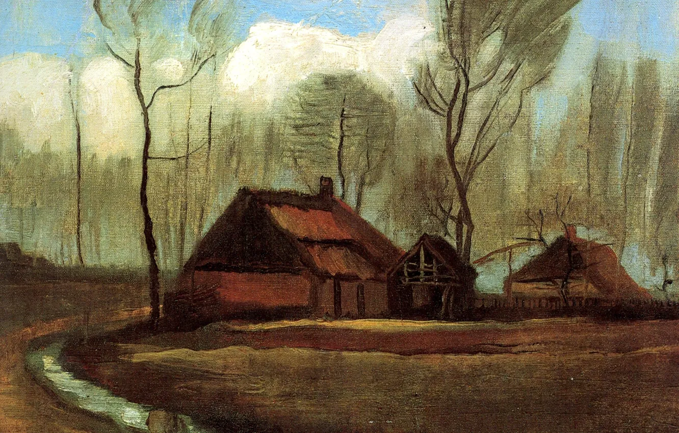 Фото обои лужа, Vincent van Gogh, Farmhouses Among Trees