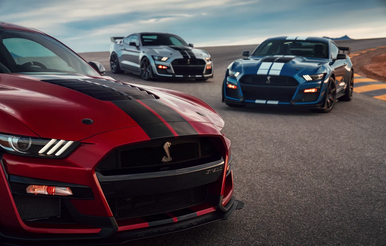 Фото обои синий, Mustang, Ford, Shelby, GT500, капот, тройка, кровавый