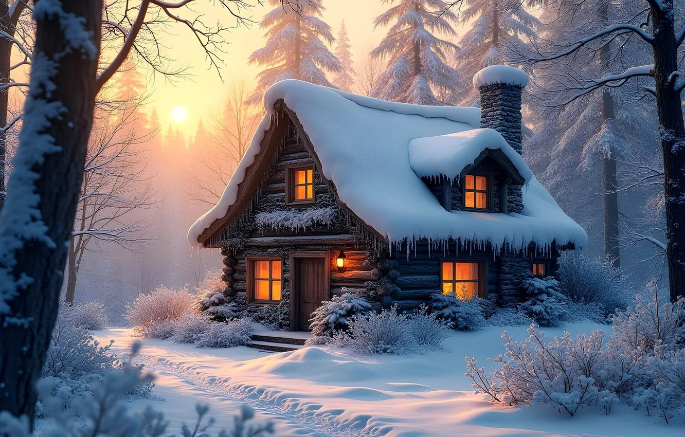 Фото обои house, forest, sunset, winter, snow, sunrise, wooden, cottage