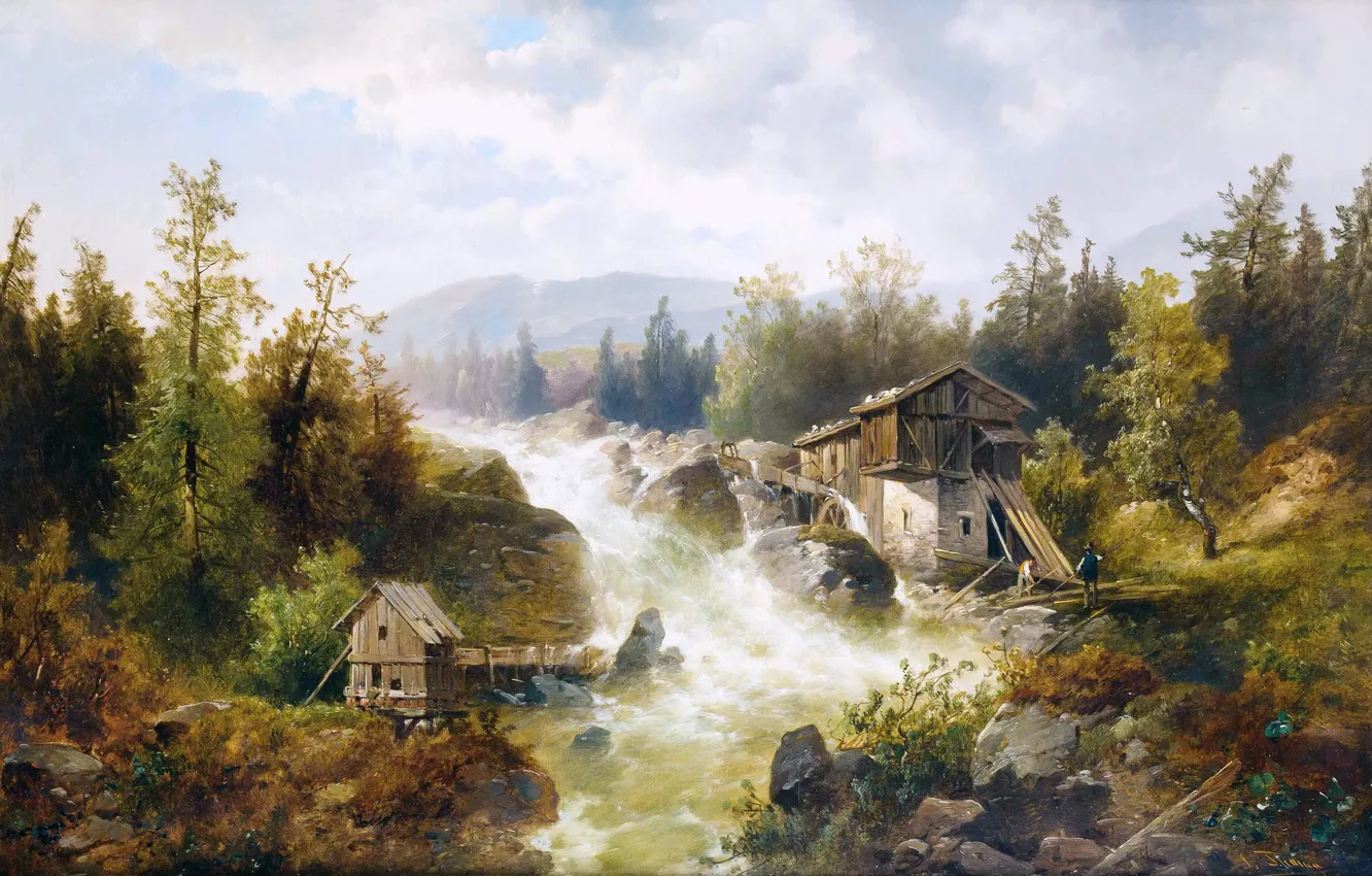 Фото обои Облака, Горы, Деревья, Река, Люди, Картина, Австрийский художник, Josef Thoma