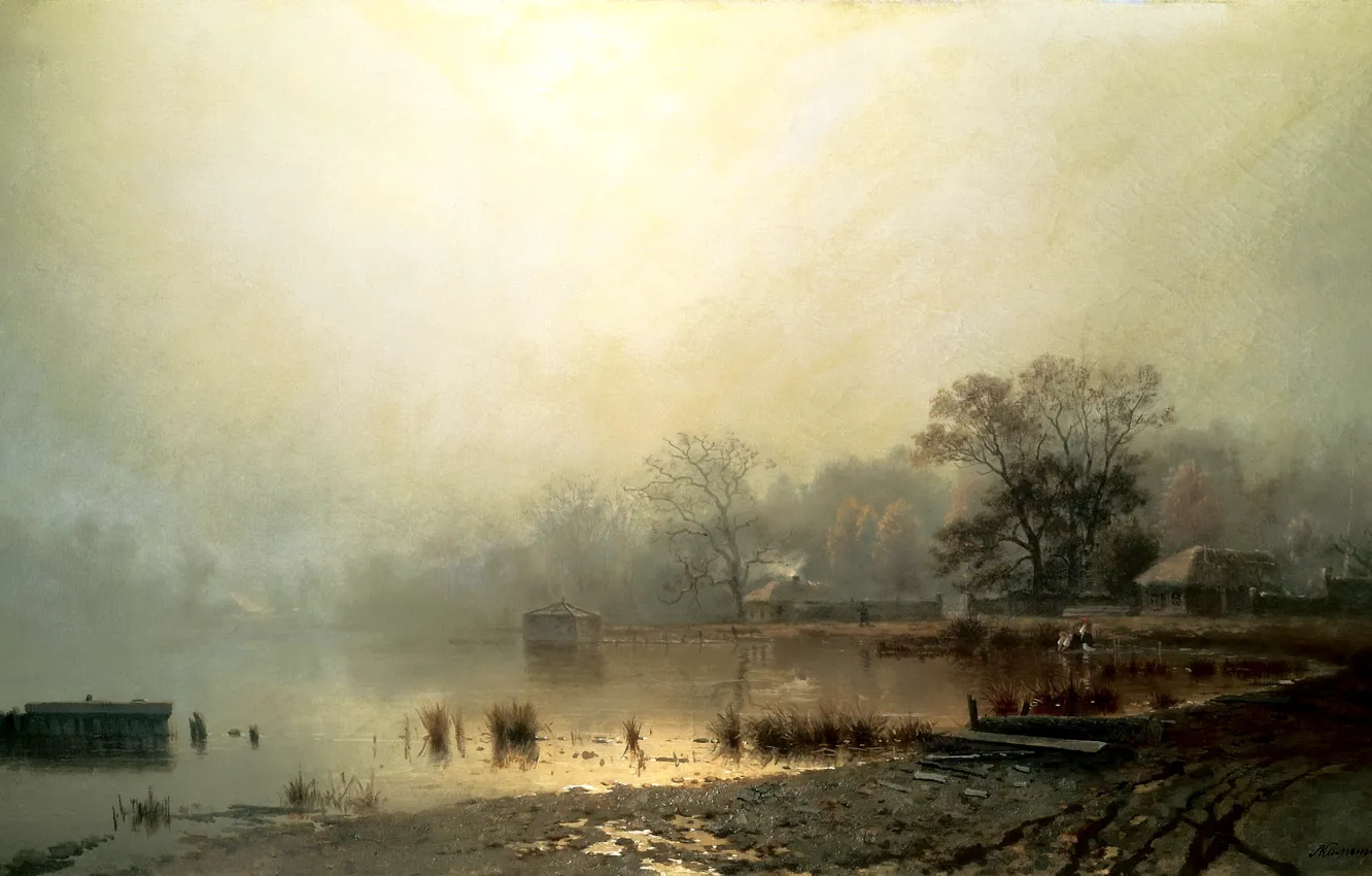 Фото обои осень, вода, деревья, туман, берег, картина, живопись, Каменев