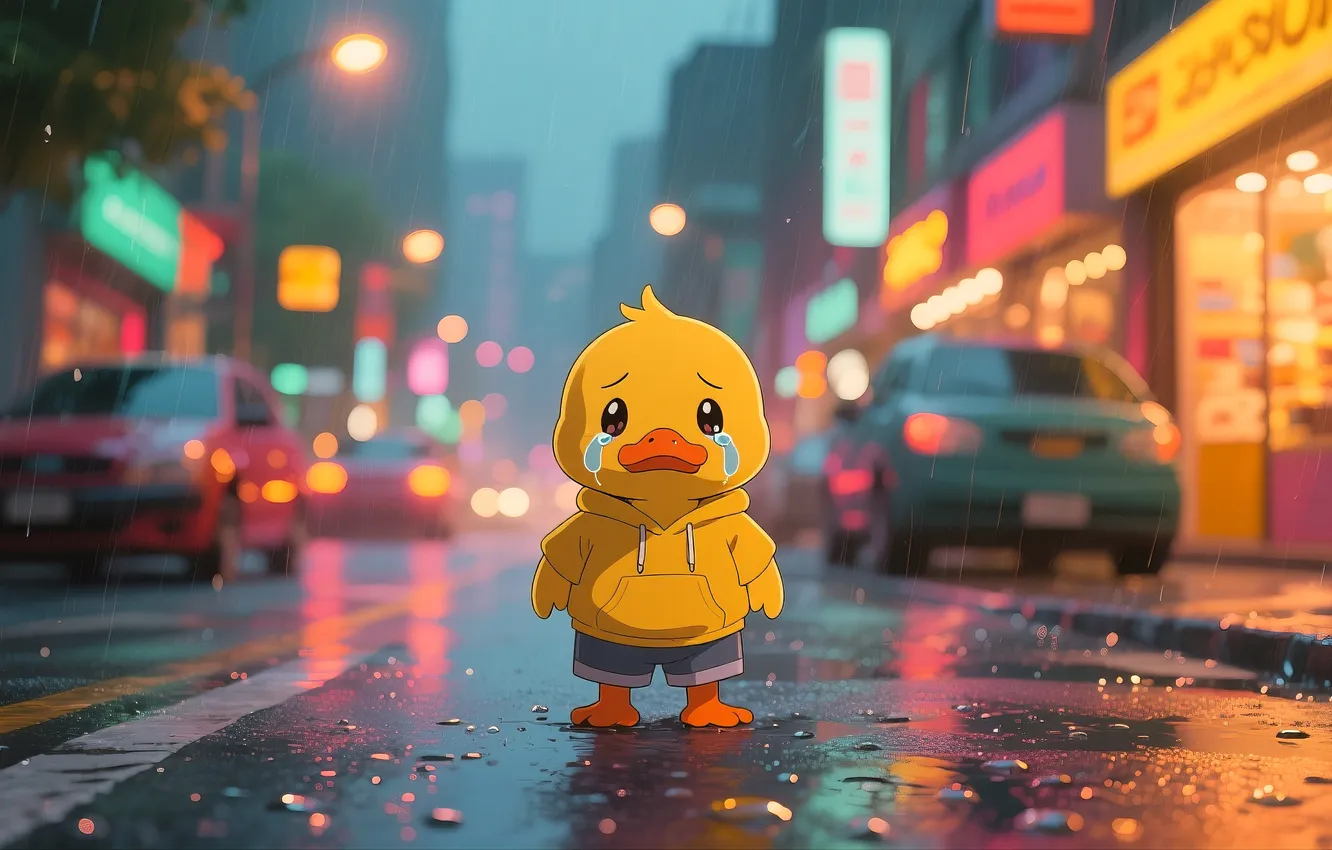 Фото обои city, sad, rain, ai art, duckling