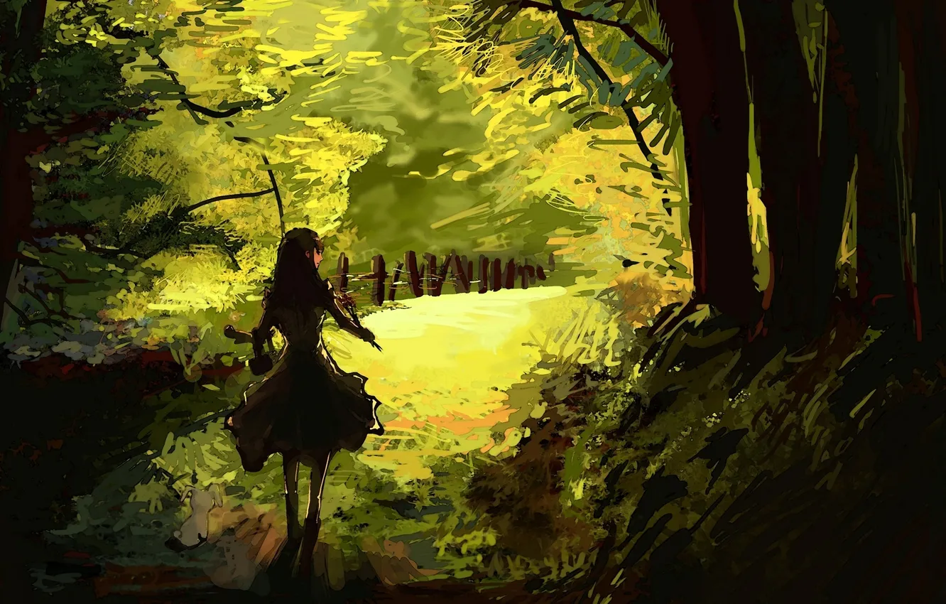 Фото обои лес, девушка, деревья, животное, спина, ботинки, кролик, платье
