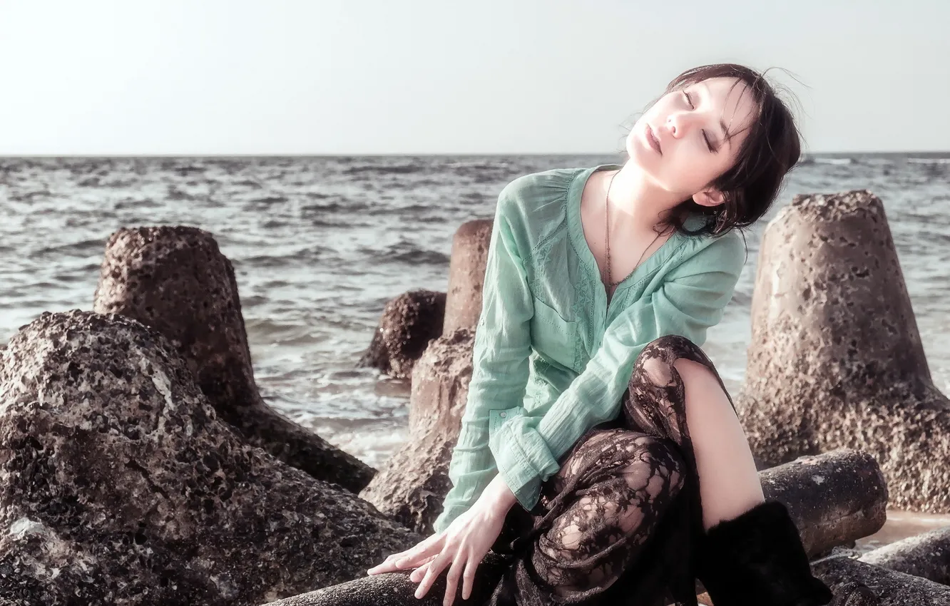 Фото обои море, девушка, настроение, Tomomi