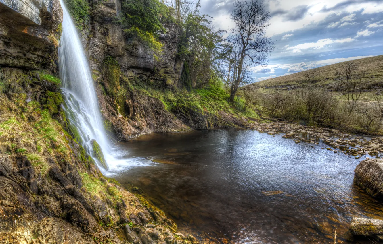 Фото обои вода, скала, камни, водопад, мох, Великобритания, кусты, Thorton Force Waterfall