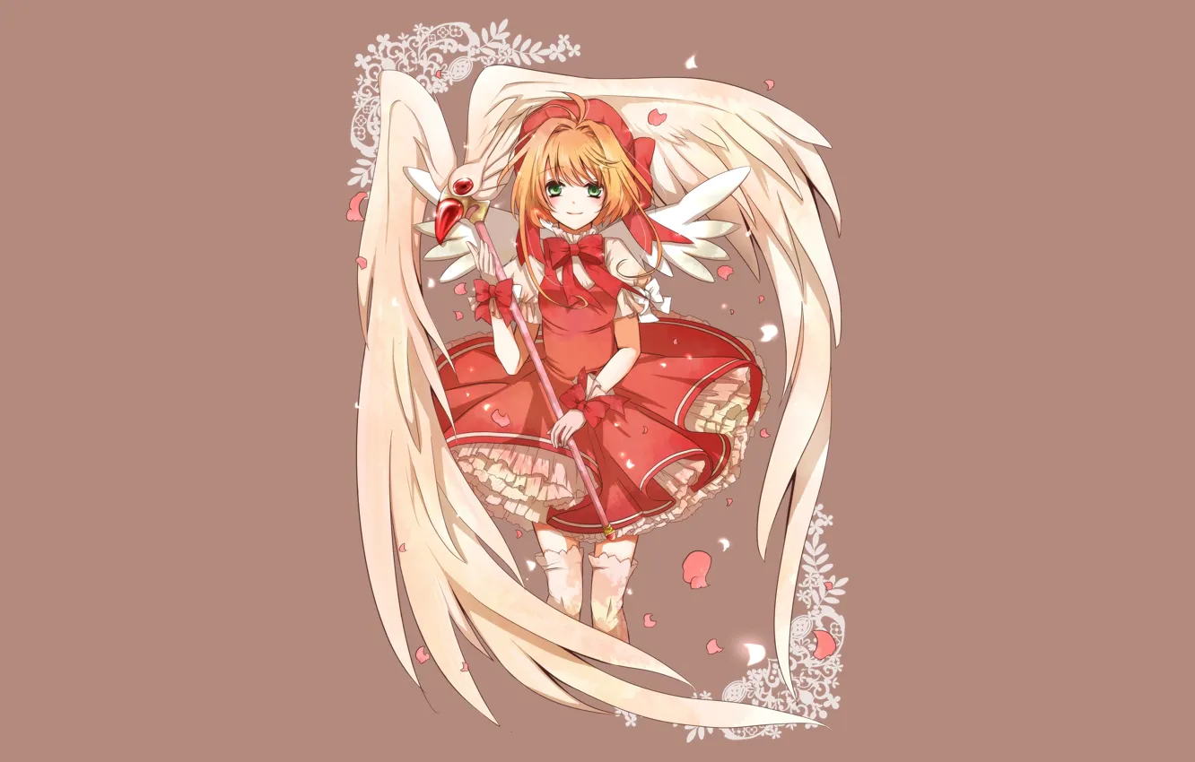 Фото обои крылья, Сакура, платье, посох, Cardcaptor Sakura