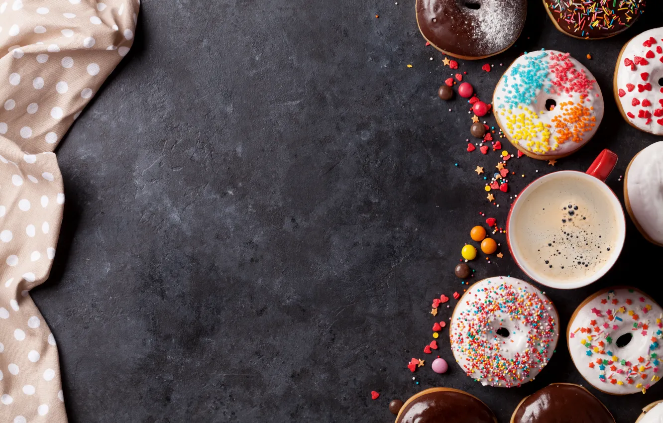 Фото обои кофе, пончики, глазурь, donuts