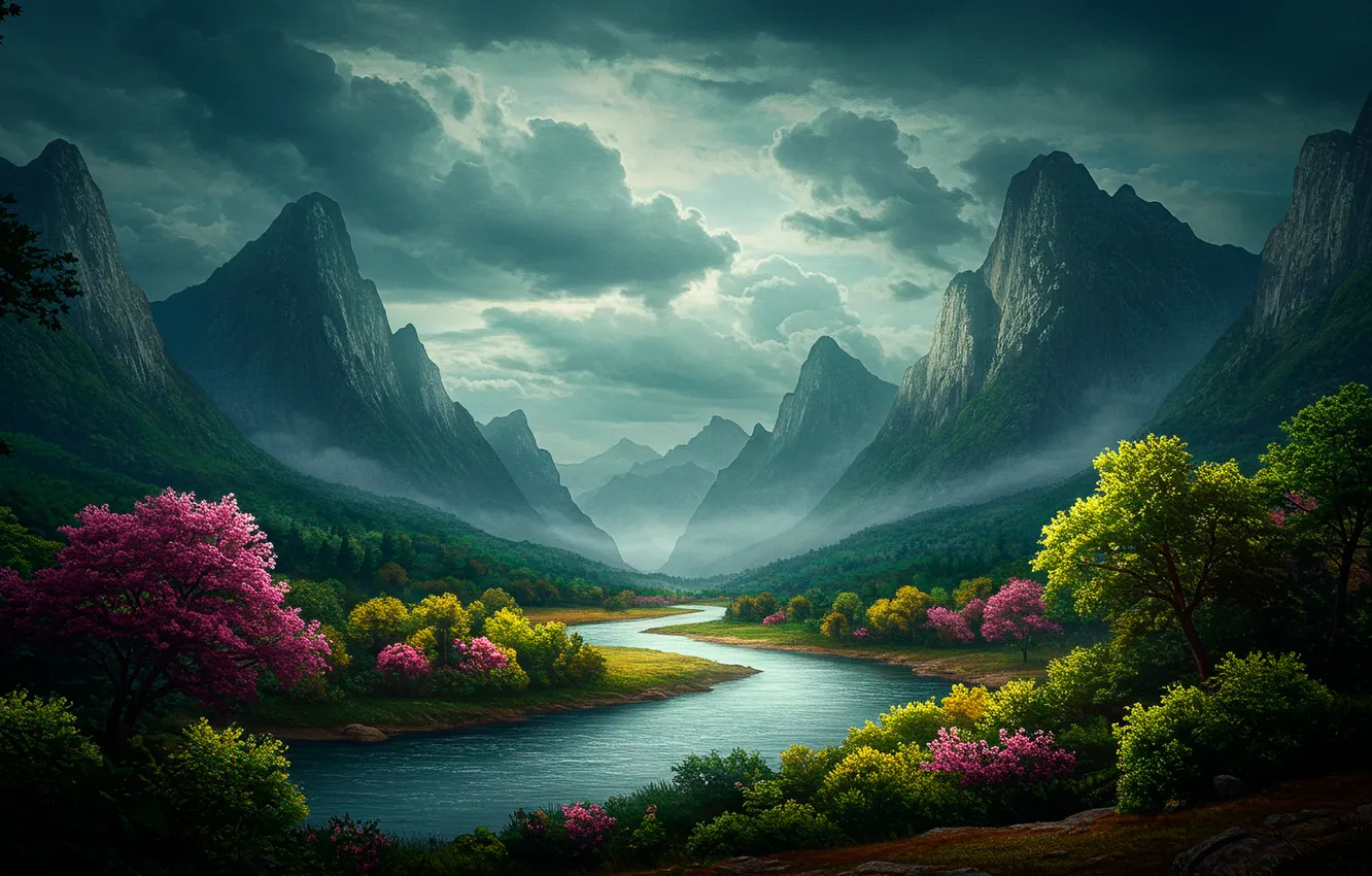 Фото обои облака, пейзаж, горы, река, фентези, арт, дымка, fantasy