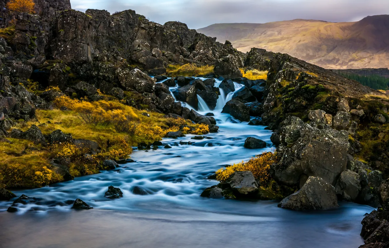 Фото обои горы, водопад, речка, Исландия, Iceland