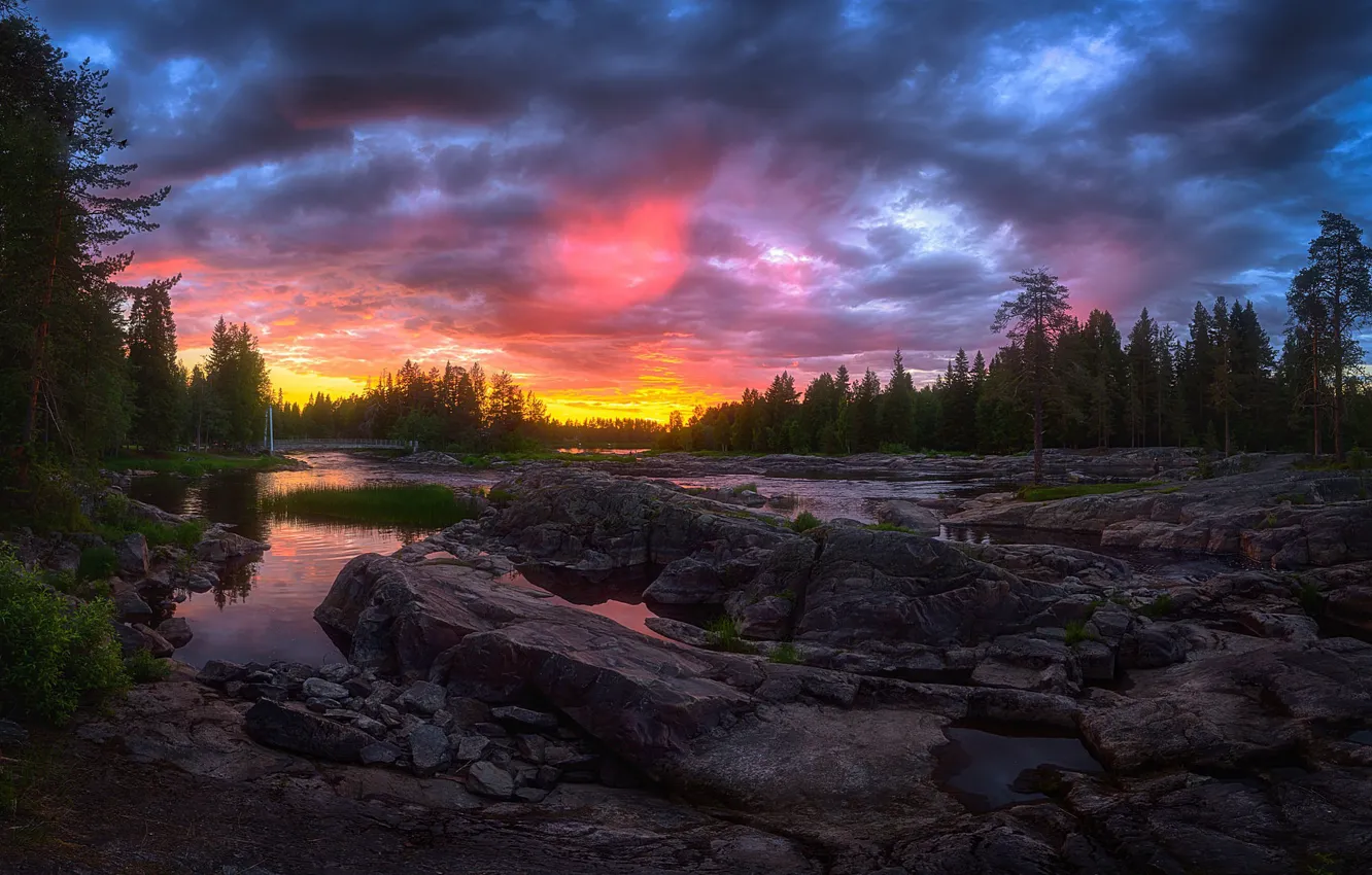 Фото обои лес, закат, речка, Финляндия, Kuusamo