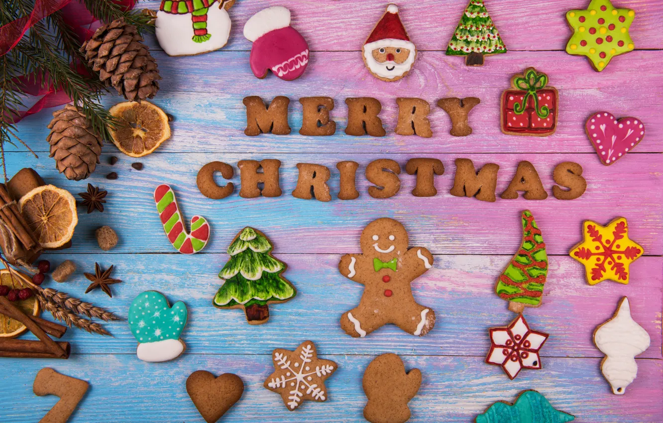 Фото обои Новый Год, печенье, Рождество, wood, Merry Christmas, cookies, decoration, пряники
