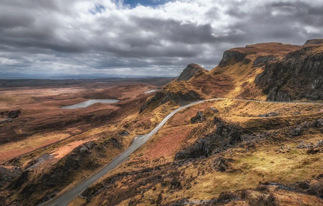 Фото обои дорога, облака, горы, Шотландия