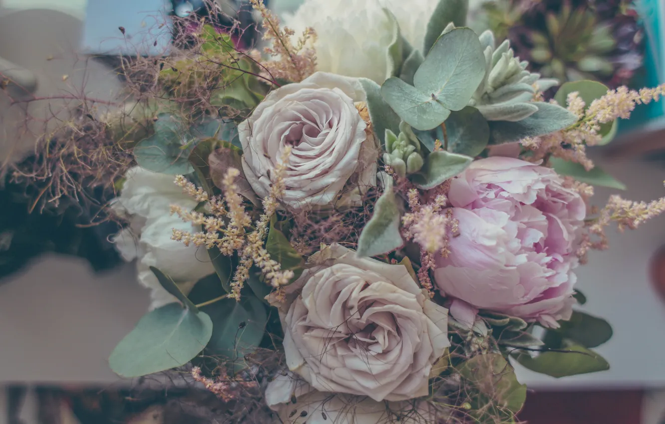 Фото обои цветы, розы, букет, пионы