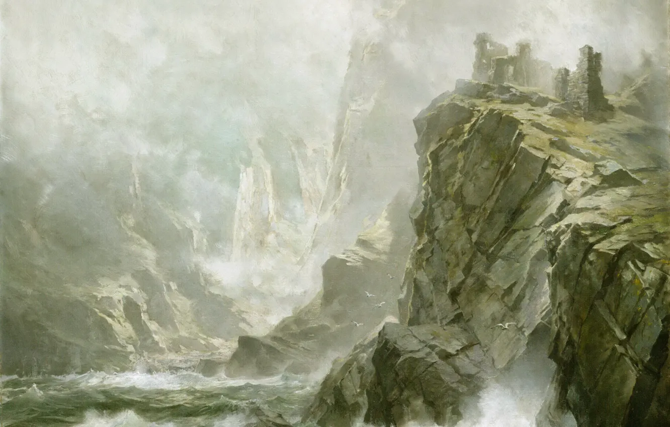 Фото обои море, волны, шторм, скалы, ветер, картина, William Trost Richards