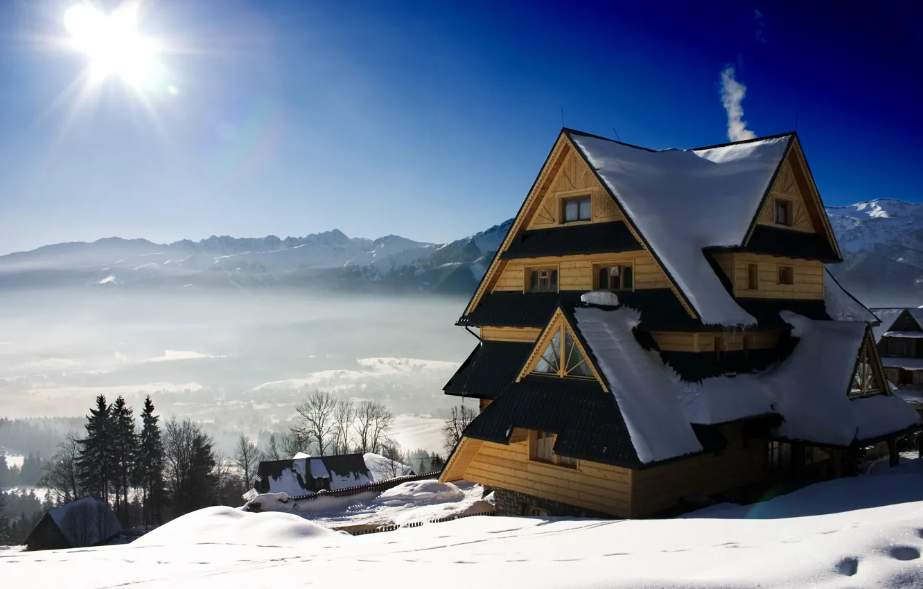 Фото обои зима, снег, горы, природа, дома
